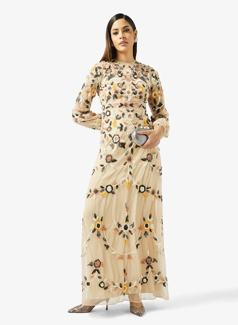 Frock And Frill  Embroidered Detailed Long Sleeve Maxi Dress for Women | Best Price UAE