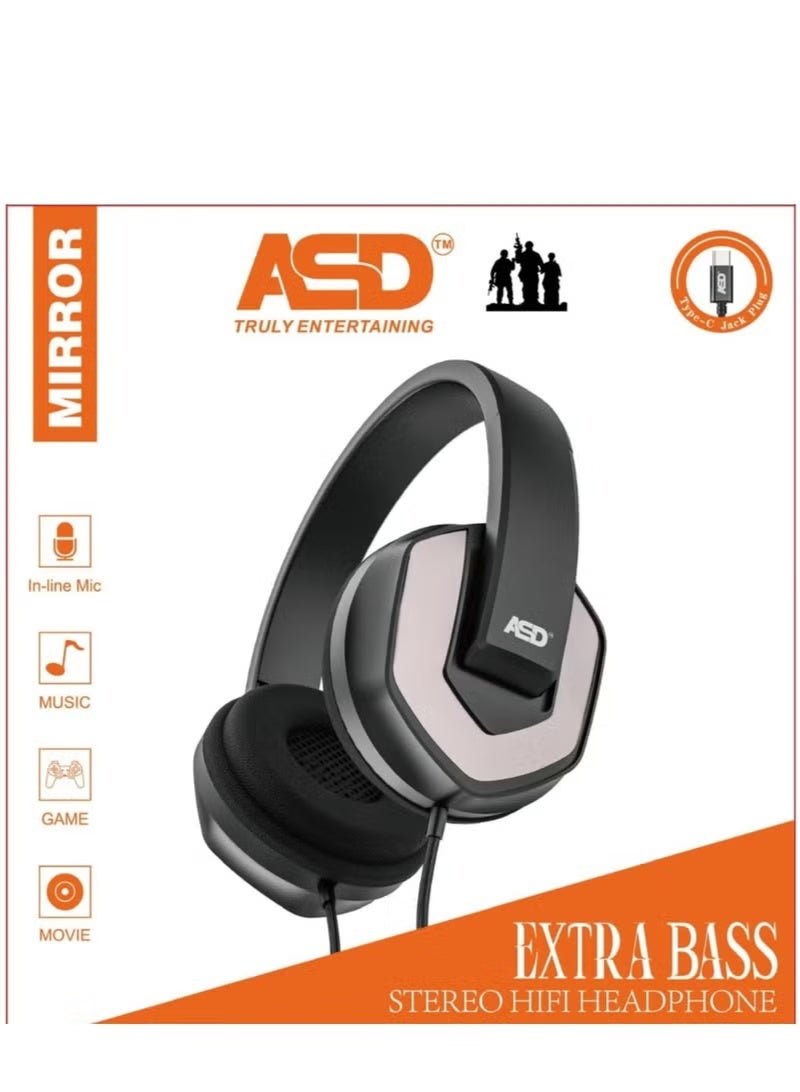 اي اس دي سماعات رأس ستيريو سلكية عالية الدقة من ASD بتقنية الصوت الجهير الإضافي، مزودة بمنفذ USB-C وميكروفون مدمج، مثالية للموسيقى والألعاب والأفلام - ASD-82TC-HF - Image 1