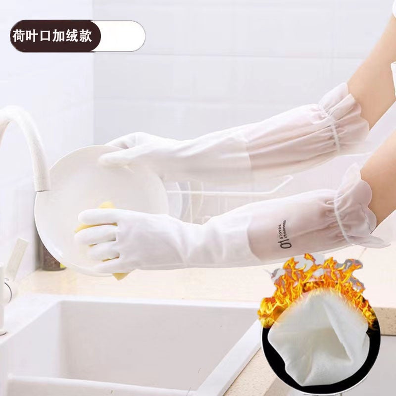 Durable Latex Kitchen Gloves with Fleece for DishwashingLotus Leaf mouth fleece-lined Lotus Leaf mouth fleece-lined 