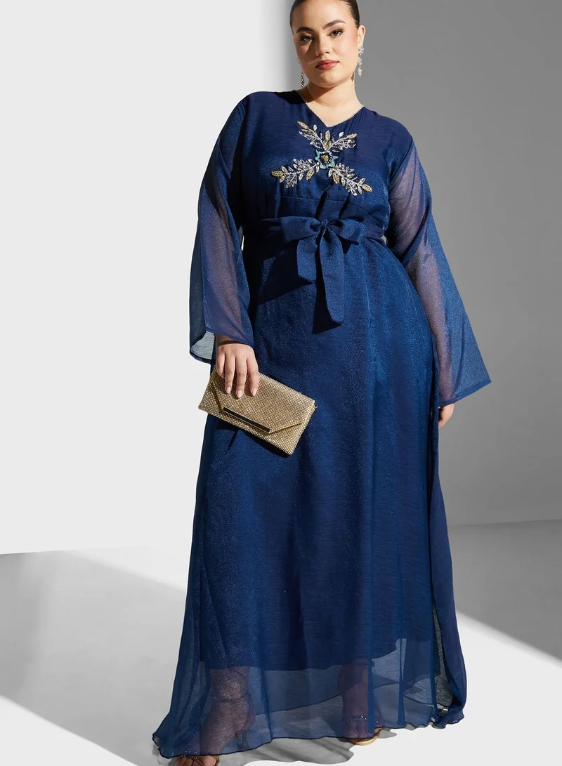 Hayas Closet Curve Embellished Belted Jalabiya