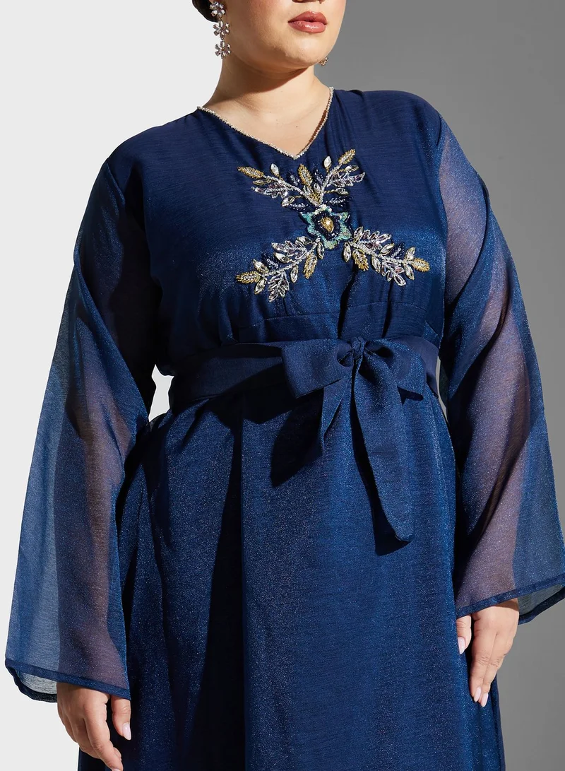 Hayas Closet Curve Embellished Belted Jalabiya