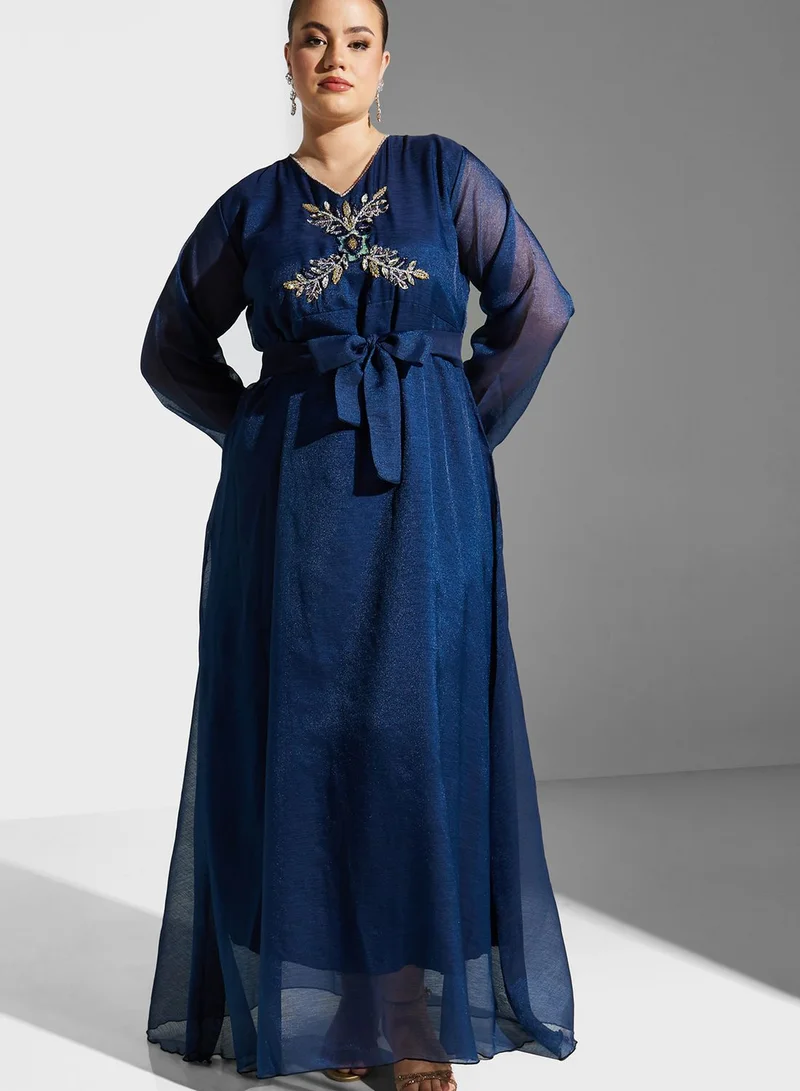 Hayas Closet Curve Embellished Belted Jalabiya