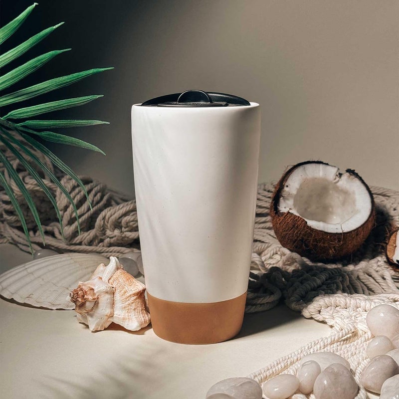MORA CERAMICS HIT PAUSE Mora Double Wall Ceramic Coffee Travel Mug with Lid, 14 oz, Portable, Microwave, Dishwasher Safe, Insulated Reusable Tall Cup, Splash Resistant Lid - To Go Tumbler for Car Cup Holder, Cotton White - Image 5