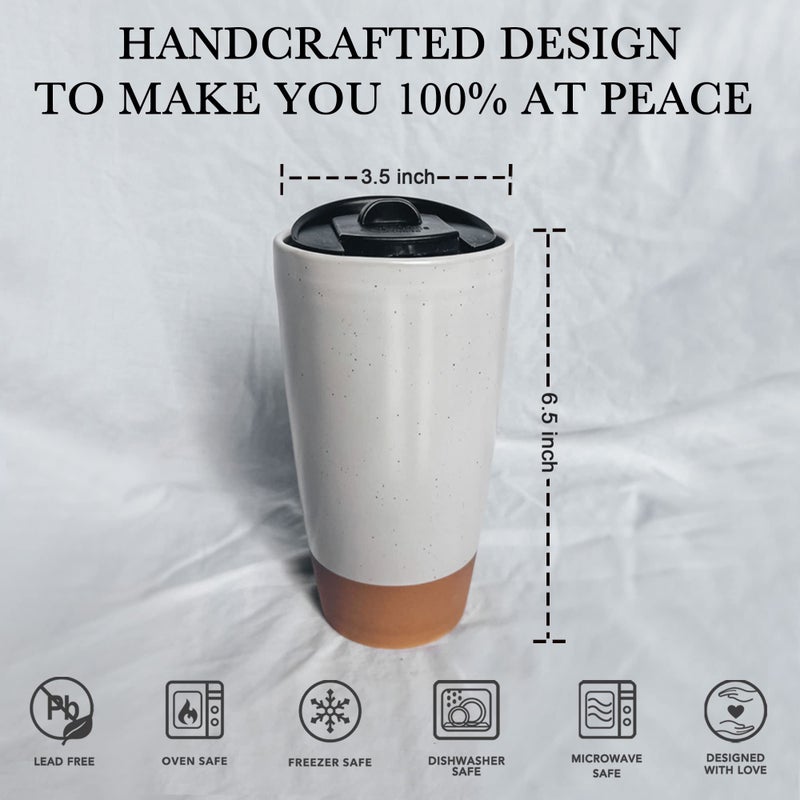 MORA CERAMICS HIT PAUSE Mora Double Wall Ceramic Coffee Travel Mug with Lid, 14 oz, Portable, Microwave, Dishwasher Safe, Insulated Reusable Tall Cup, Splash Resistant Lid - To Go Tumbler for Car Cup Holder, Cotton White - Image 2