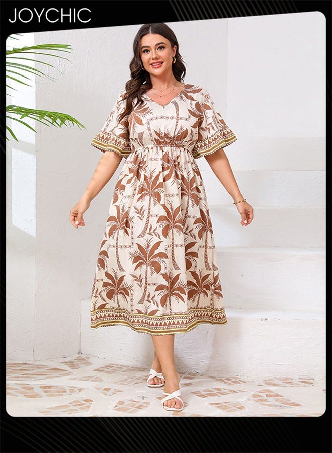 Joychic Women Plus Size Trumpet Sleeve V-Neck Dress Ladies Summer Fashion Print Elastic Waist Breathable Long Dress - Image 2