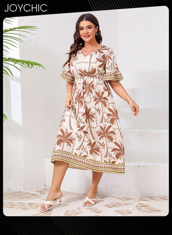 Joychic Women Plus Size Trumpet Sleeve V-Neck Dress Ladies Summer Fashion Print Elastic Waist Breathable Long Dress - Image 3