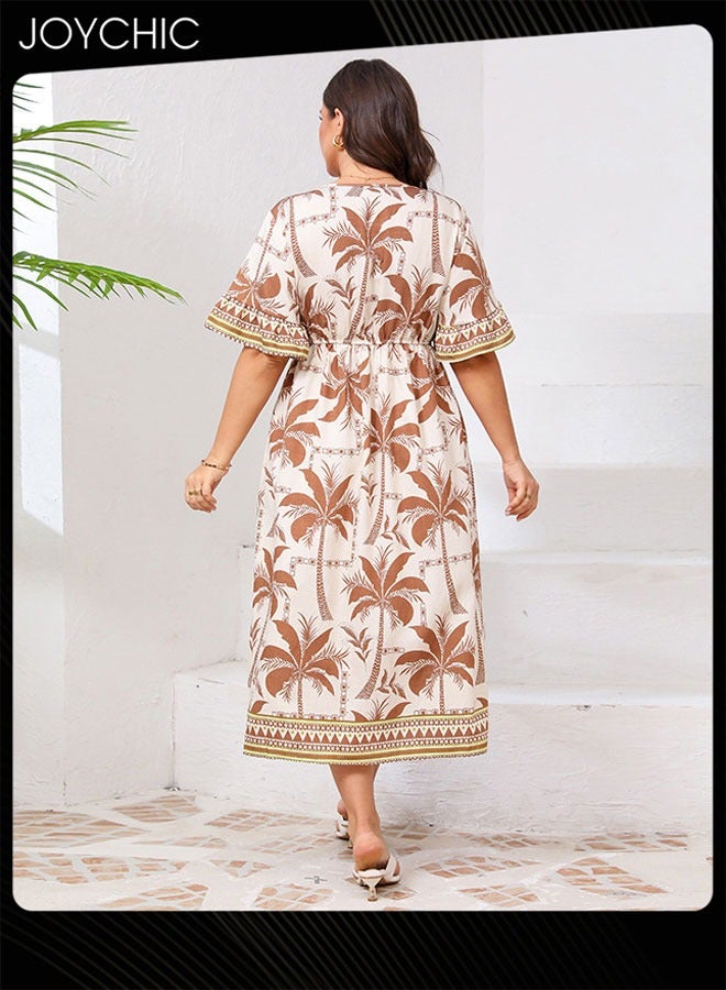 Joychic Women Plus Size Trumpet Sleeve V-Neck Dress Ladies Summer Fashion Print Elastic Waist Breathable Long Dress - Image 4