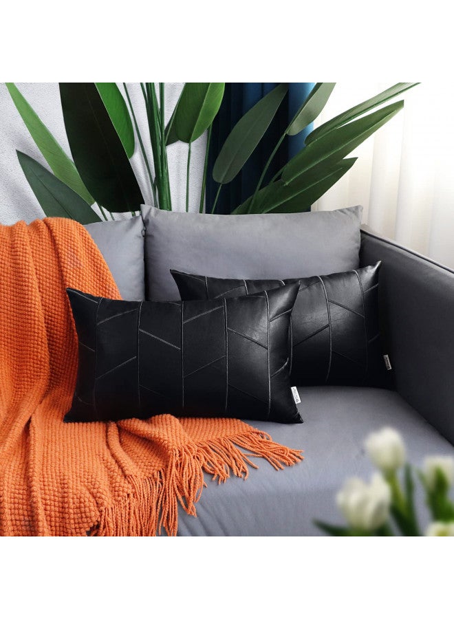 BRAWARM أغطية وسائد برافارم من الجلد الصناعي 12 × 20 بوصة، أغطية وسائد قطنية سوداء للظهر عبوة من 2، وسائد زخرفية جلدية مطرزة هندسية لغرفة المعيشة، الأريكة، السرير، المنزل - Image 1