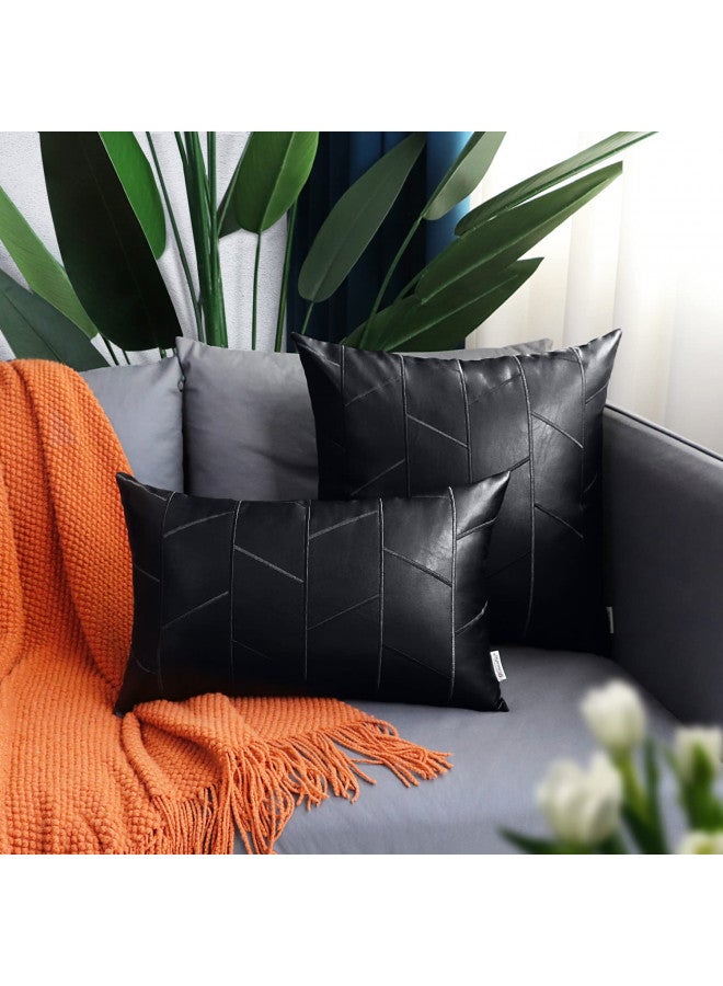 BRAWARM أغطية وسائد برافارم من الجلد الصناعي 12 × 20 بوصة، أغطية وسائد قطنية سوداء للظهر عبوة من 2، وسائد زخرفية جلدية مطرزة هندسية لغرفة المعيشة، الأريكة، السرير، المنزل - Image 2