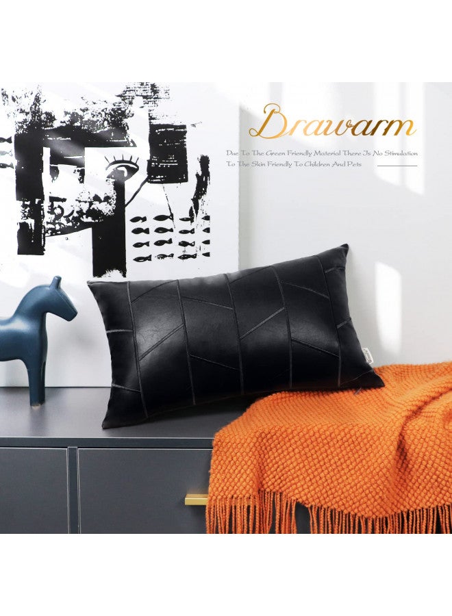 BRAWARM أغطية وسائد برافارم من الجلد الصناعي 12 × 20 بوصة، أغطية وسائد قطنية سوداء للظهر عبوة من 2، وسائد زخرفية جلدية مطرزة هندسية لغرفة المعيشة، الأريكة، السرير، المنزل - Image 3