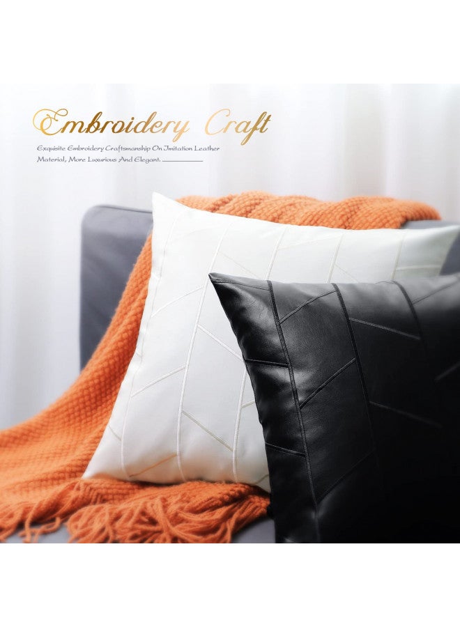 BRAWARM أغطية وسائد برافارم من الجلد الصناعي 12 × 20 بوصة، أغطية وسائد قطنية سوداء للظهر عبوة من 2، وسائد زخرفية جلدية مطرزة هندسية لغرفة المعيشة، الأريكة، السرير، المنزل - Image 4