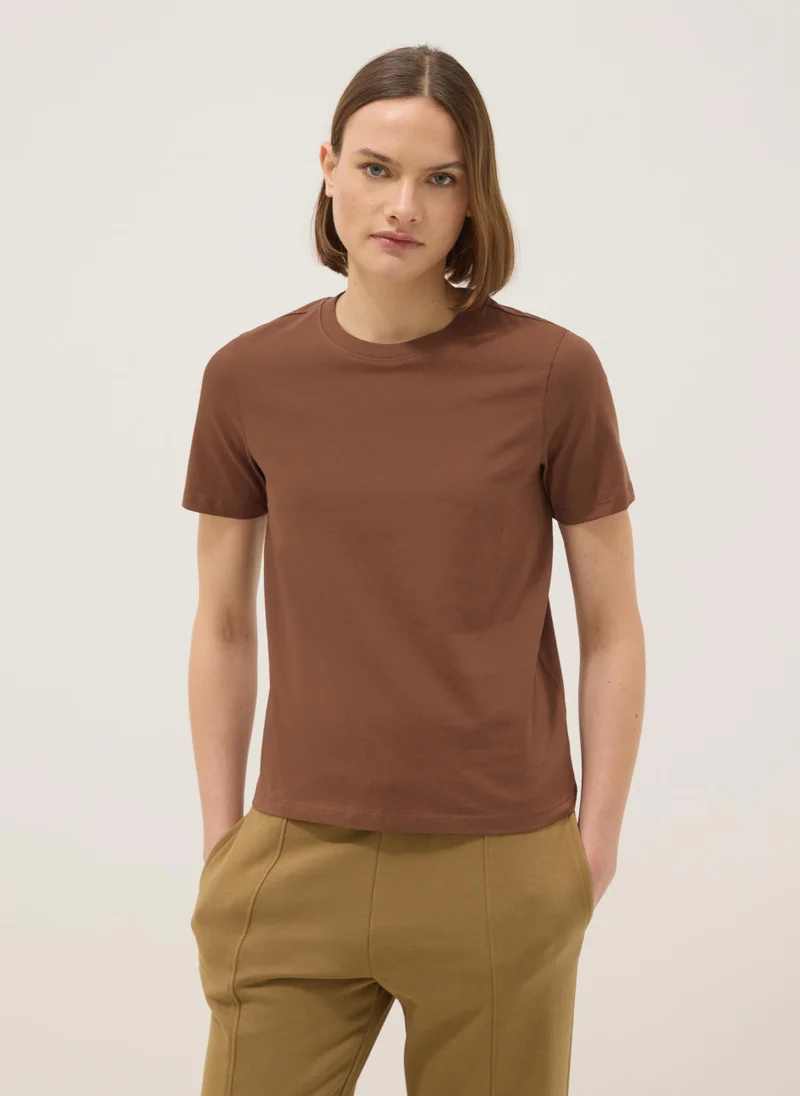 او في اس OVS Brown Pure Cotton Crew Neck T-Shirt Regular Fit