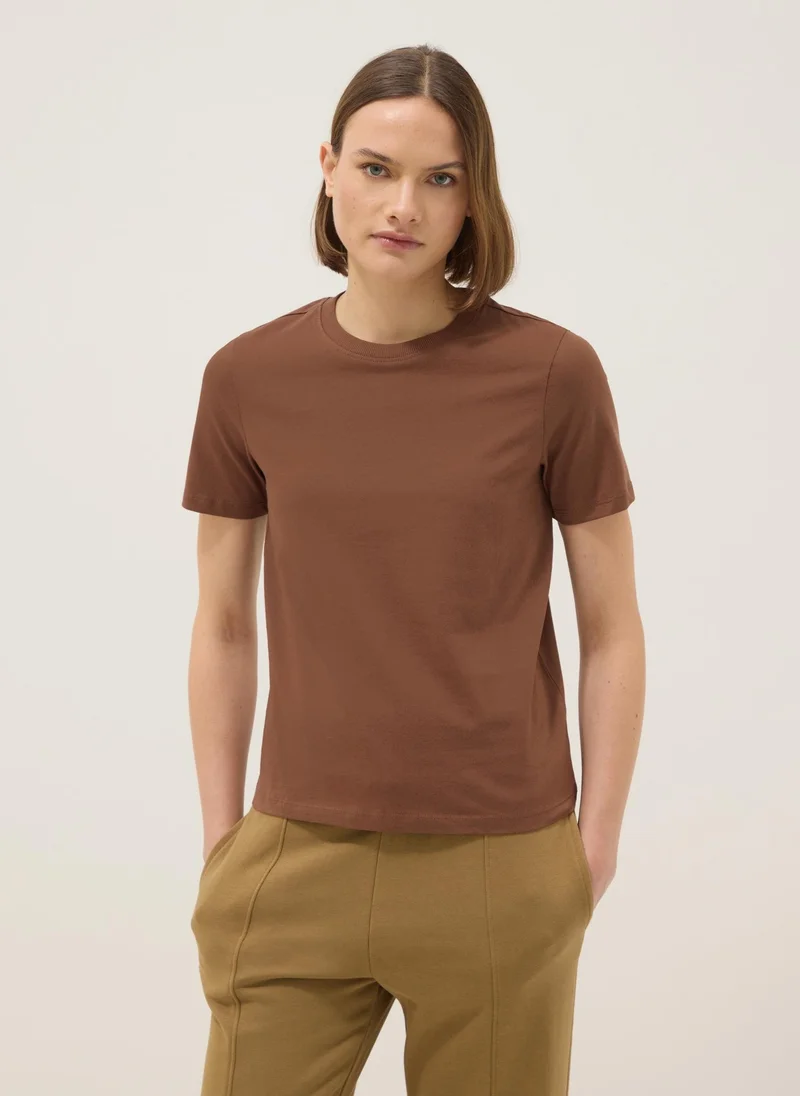 Ovs OVS Brown Pure Cotton Crew Neck T-Shirt Regular Fit