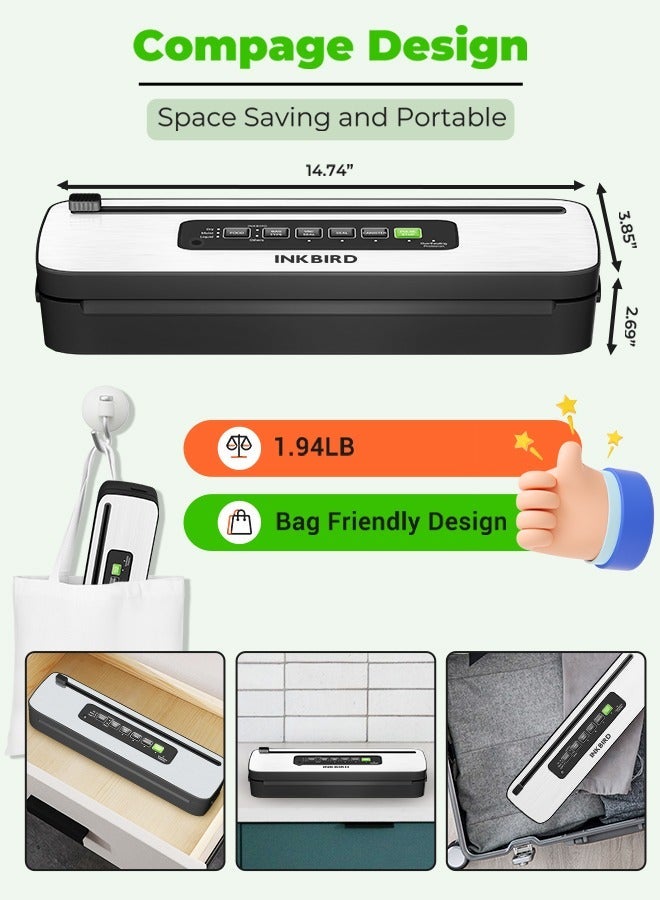 إنك بيرد آلة ختم فراغ مضغوط من INKBIRD موديل INK-VS05 للاستخدام في المطبخ، للحفاظ على الأطعمة الجافة والرطبة والسائلة بـ 4 أوضاع، أداة تغليف الطعام مزودة بقاطع مدمج وحماية من الحرارة الزائدة، مثالية للحفاظ على نضارة الطعام - Image 2