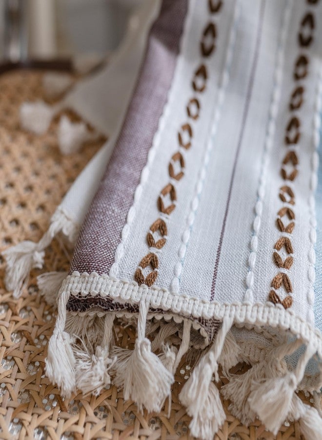 Deeprove ستائر ديبروف بوهو من الكتان، مقاس 84 بوصة، مناسبة لغرف النوم والمعيشة، ستائر شبه معتمة، مزينة بشرابات ريفية، بنمط بوهيمي مطرز، مزودة بجيب للعمود، لوحة واحدة، عرض 52 بوصة × طول 84 بوصة، باللونين الأزرق والبني. - Image 4