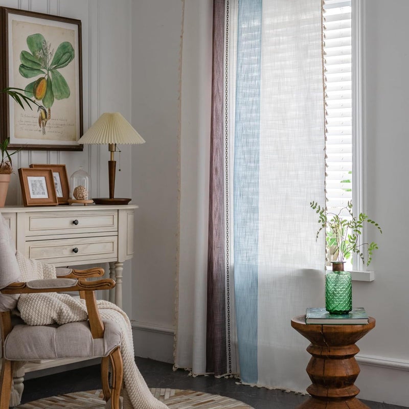 Deeprove ستائر ديبروف بوهو من الكتان، مقاس 84 بوصة، مناسبة لغرف النوم والمعيشة، ستائر شبه معتمة، مزينة بشرابات ريفية، بنمط بوهيمي مطرز، مزودة بجيب للعمود، لوحة واحدة، عرض 52 بوصة × طول 84 بوصة، باللونين الأزرق والبني. - Image 1