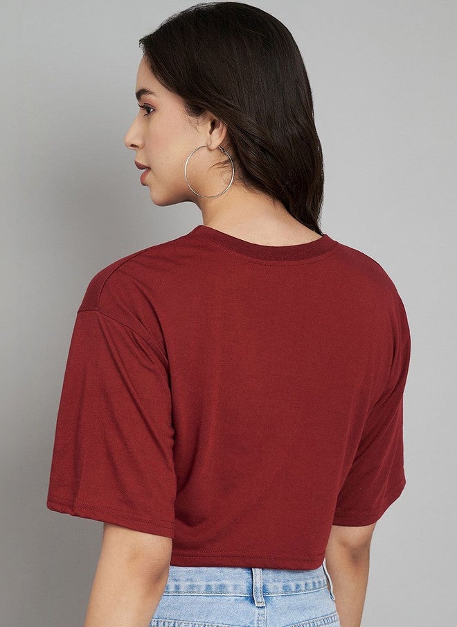 TREND LEVEL Maroon Typography Printed Crop T-shirt for Women - Image 5