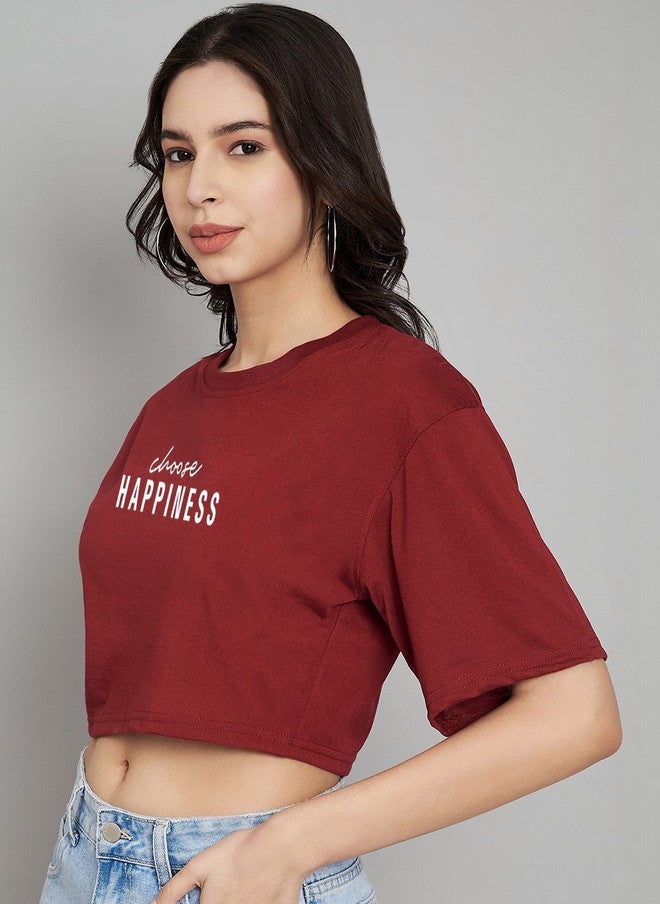 TREND LEVEL Maroon Typography Printed Crop T-shirt for Women - Image 3