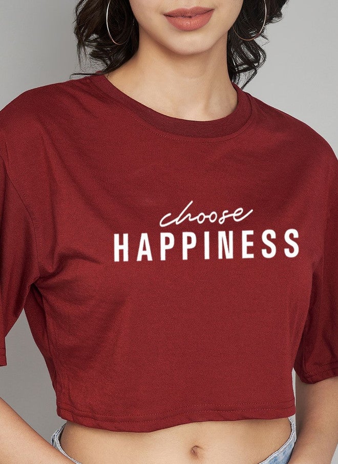 TREND LEVEL Maroon Typography Printed Crop T-shirt for Women - Image 2