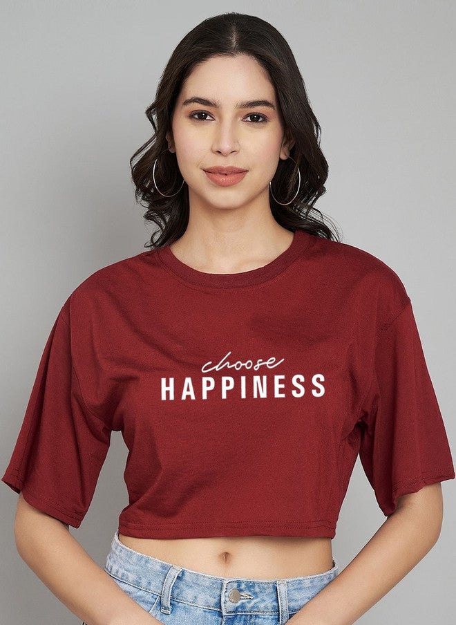 TREND LEVEL Maroon Typography Printed Crop T-shirt for Women - Image 1