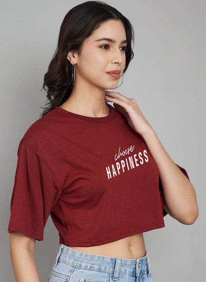 TREND LEVEL Maroon Typography Printed Crop T-shirt for Women - Image 4