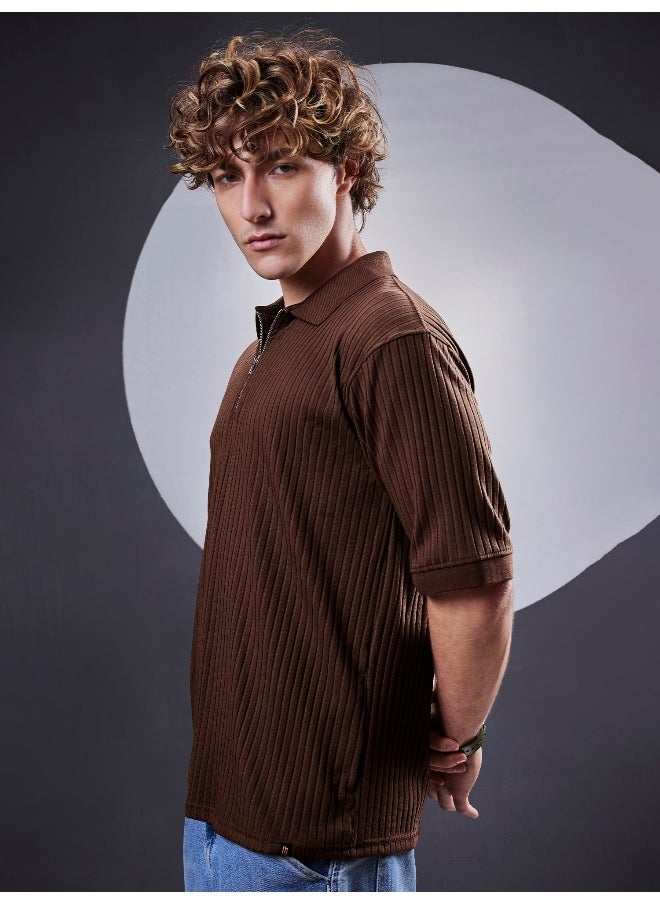 Maniac Maniac Men Textured Polo Neck Half Sleeve Half Zipper Brown Color Cotton T-Shirt  - Image 3