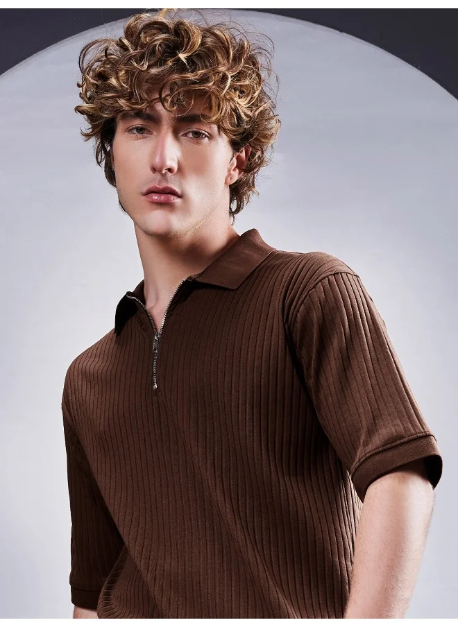 Maniac Maniac Men Textured Polo Neck Half Sleeve Half Zipper Brown Color Cotton T-Shirt