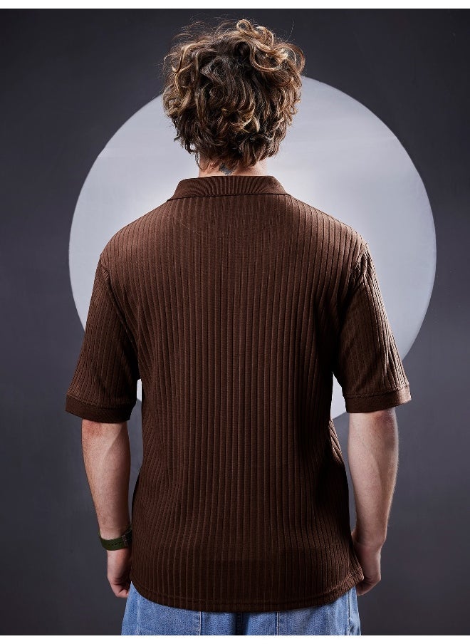 Maniac Maniac Men Textured Polo Neck Half Sleeve Half Zipper Brown Color Cotton T-Shirt  - Image 5