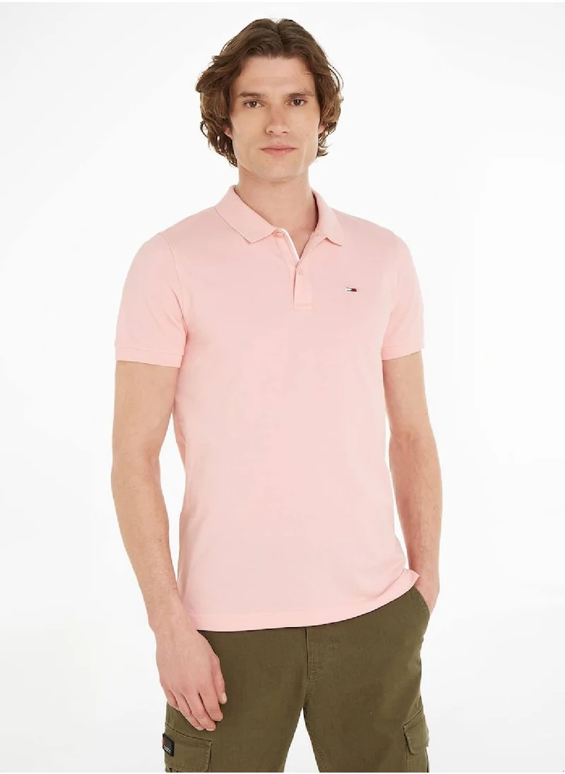 TOMMY JEANS Men's Slim Placket Polo - Cotton, Pink