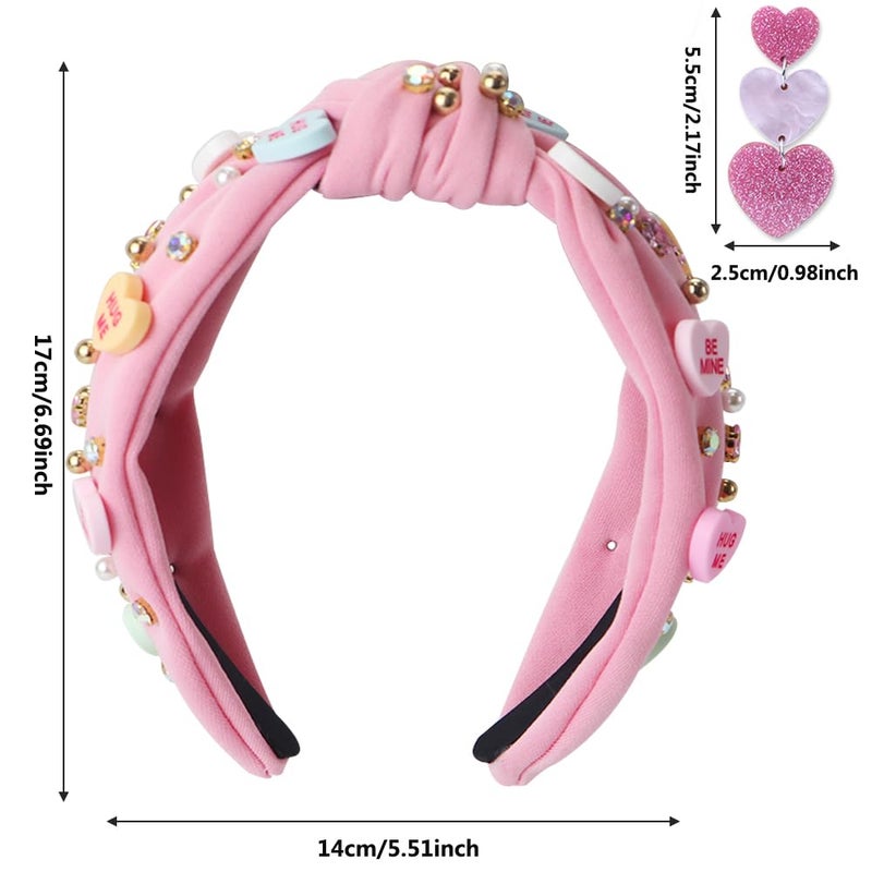 Gosuoa Valentine's Day Headband for Women,knotted Headband for Women,Red Pink Jeweled Rhinestone Crystal Top Knot Headbands Valentineâ€™s Day Hair Accessories for Girls Womens - Image 2
