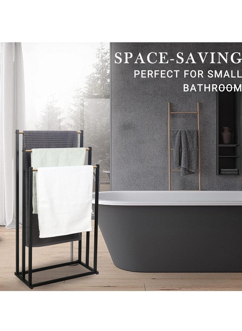 هومستر رف مناشف قابل للطي من الخشب المعدني ذو سعة كبيرة 3 طبقات، حامل سلم معدني مطلي مضاد للصدأ، تجفيف، منظم حمام الحمام مع مقبض خشبي لتوفير المساحة - Image 2