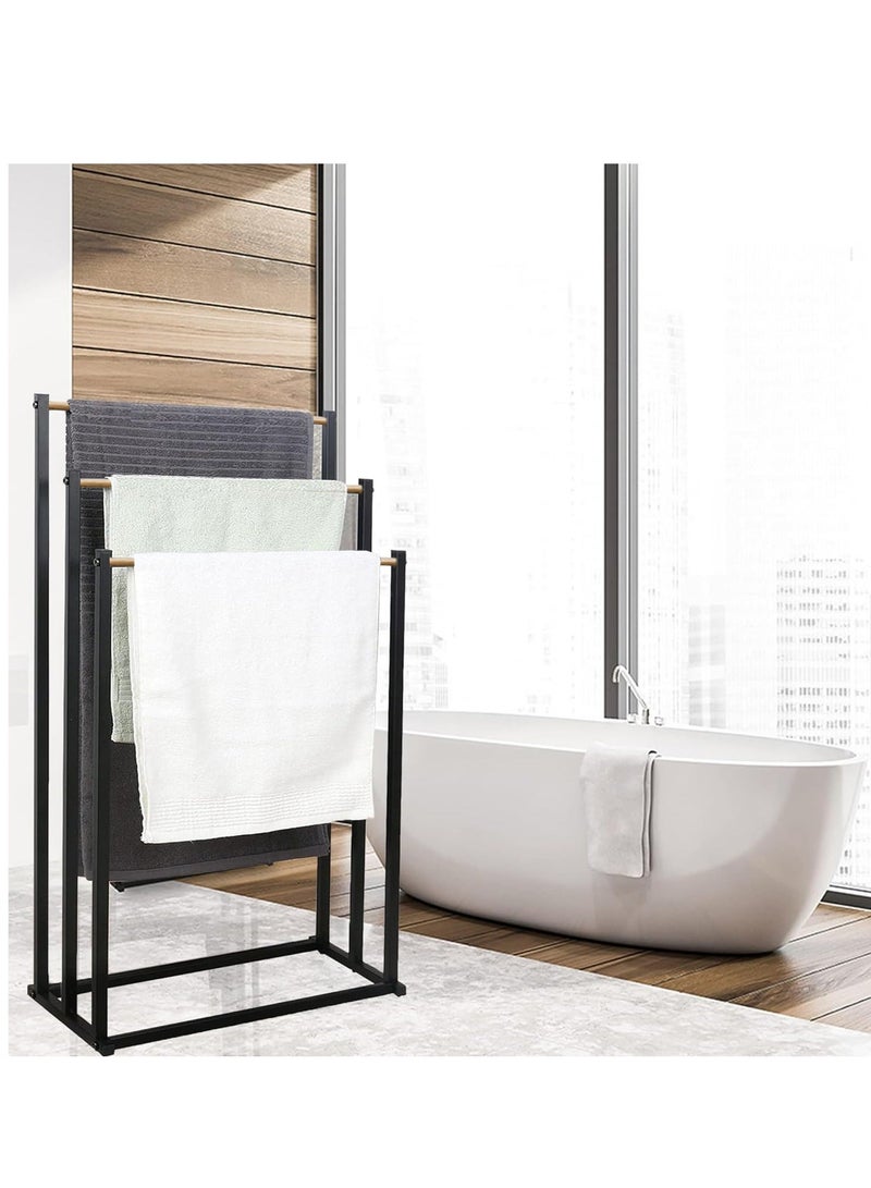 هومستر رف مناشف قابل للطي من الخشب المعدني ذو سعة كبيرة 3 طبقات، حامل سلم معدني مطلي مضاد للصدأ، تجفيف، منظم حمام الحمام مع مقبض خشبي لتوفير المساحة - Image 4