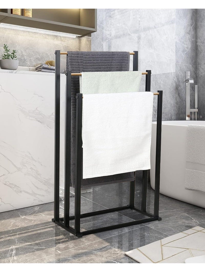 هومستر رف مناشف قابل للطي من الخشب المعدني ذو سعة كبيرة 3 طبقات، حامل سلم معدني مطلي مضاد للصدأ، تجفيف، منظم حمام الحمام مع مقبض خشبي لتوفير المساحة - Image 1