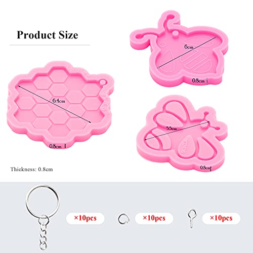 Angel Wings 43Pcs DIY Silicone Resin Molds Kit Cute Bee/Hollowout Bee/Honeycomb Shape with Hole Keychain Pendant Silicone Mold Epoxy Casting Mould with 10Pcs Key Ring with Chain for Epoxy Pendant DIY Crafts - Image 2