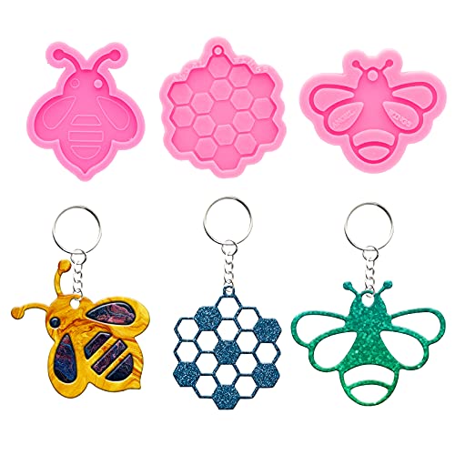 Angel Wings 43Pcs DIY Silicone Resin Molds Kit Cute Bee/Hollowout Bee/Honeycomb Shape with Hole Keychain Pendant Silicone Mold Epoxy Casting Mould with 10Pcs Key Ring with Chain for Epoxy Pendant DIY Crafts - Image 1