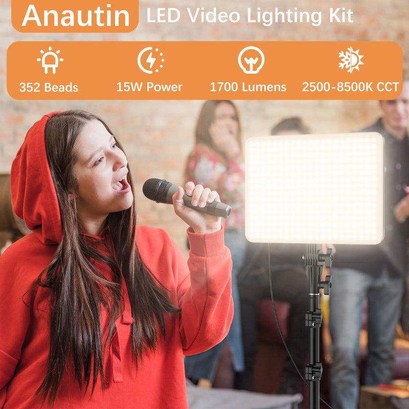 Anautin طقم إضاءة فيديو LED مكون من 2، إضاءة تصوير Anautin 15W/1700Lux مع حامل ثلاثي، ضوء قابل للتعتيم 2500-8500K للبث المباشر، تسجيل الفيديو، الألعاب، البودكاست، الحلاق، الصالون، تيك توك، يوتيوب - Image 2