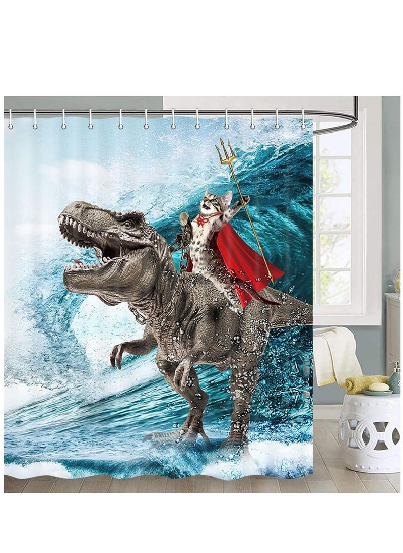 Funny Cat Shower Curtain Boys Kids Bathroom Decor, Cool Cat Riding Dinosaur Ocean Shower Curtain, Fun Nautical Kids Shower Curtain Campers Shower Curtain Camping Bathroom Set with Hooks(72X84inch) - Image 2