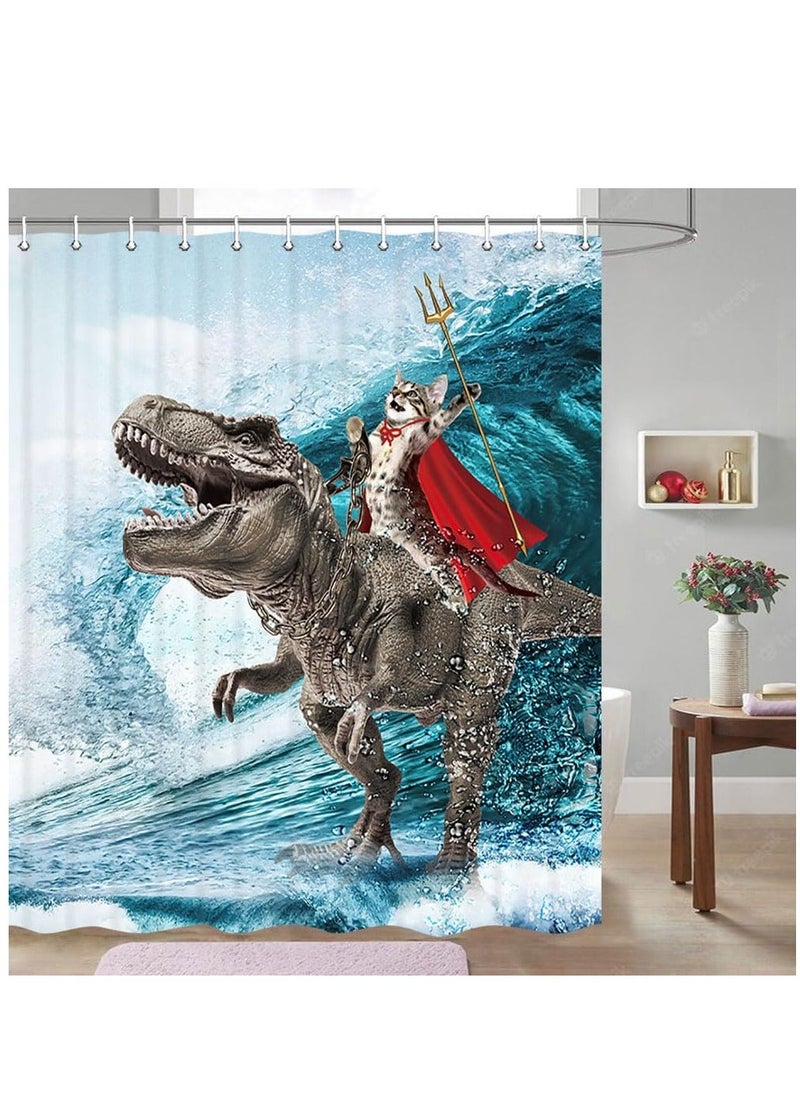 Funny Cat Shower Curtain Boys Kids Bathroom Decor, Cool Cat Riding Dinosaur Ocean Shower Curtain, Fun Nautical Kids Shower Curtain Campers Shower Curtain Camping Bathroom Set with Hooks(72X84inch) - Image 1