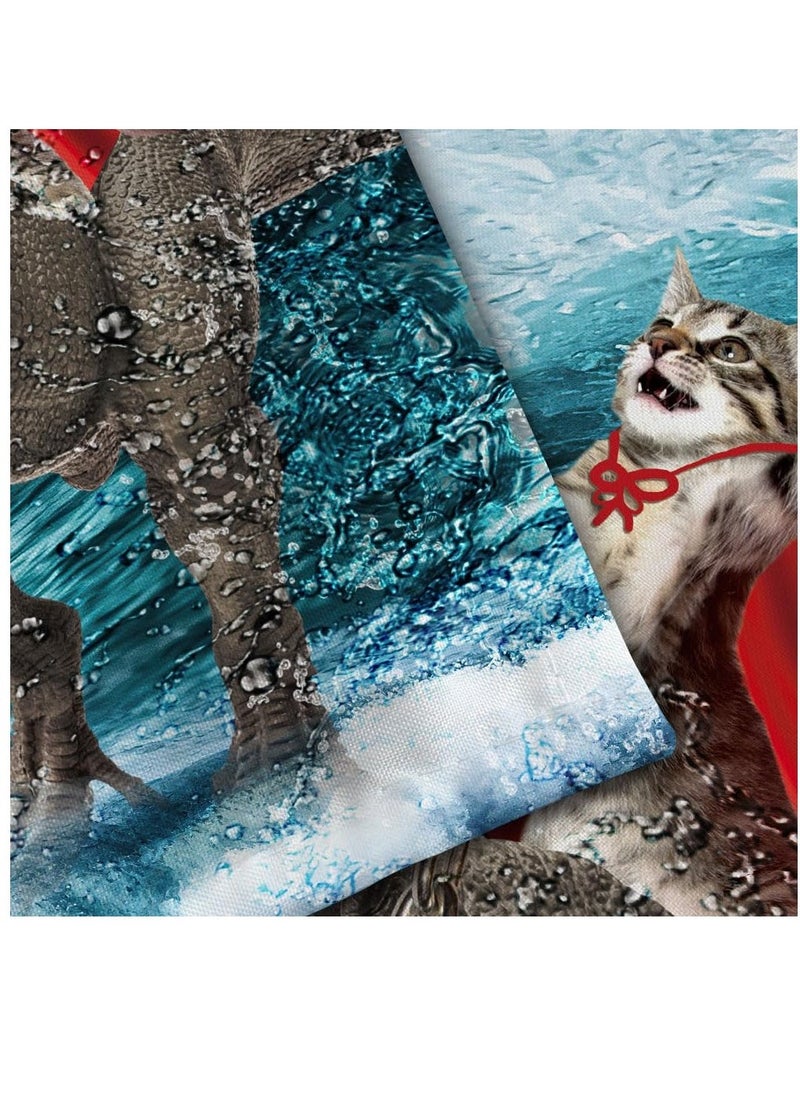Funny Cat Shower Curtain Boys Kids Bathroom Decor, Cool Cat Riding Dinosaur Ocean Shower Curtain, Fun Nautical Kids Shower Curtain Campers Shower Curtain Camping Bathroom Set with Hooks(72X84inch) - Image 4