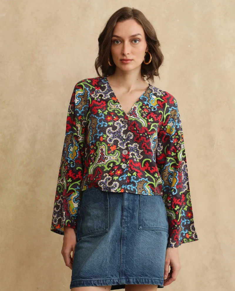 Rareism Women's Abstract Print Regular Sleeves Top