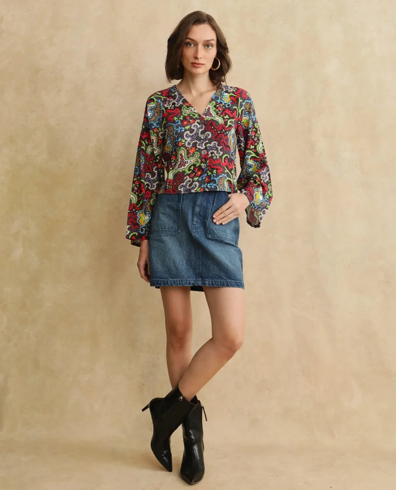 Rareism Women's Abstract Print Regular Sleeves Top