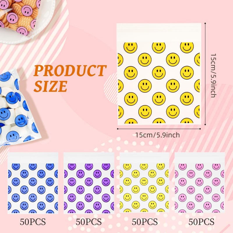 Eunoir 200 Pack Goodie Bags Sealable Treat Bags â€“ 6x6 Inch Plastic Gift Bags, Resealable Party Favor Bags with Happy Face Print for Candy, Snacks, Gifts, Events & Celebrations - Image 2