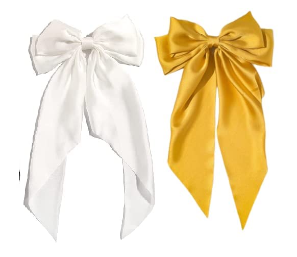 ZEPOLI Big Satin Layered Hair Bows for Women Girls 11 Inch Barrette Hair Clip Long Black Ribbon Bows French Style Hair Accessories (White,Yellow) - Image 1