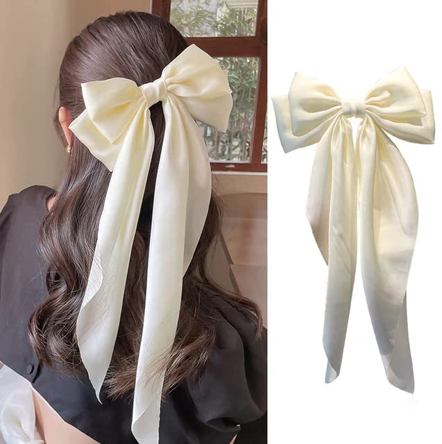 ZEPOLI Big Satin Layered Hair Bows for Women Girls 11 Inch Barrette Hair Clip Long Black Ribbon Bows French Style Hair Accessories (White,Yellow) - Image 2