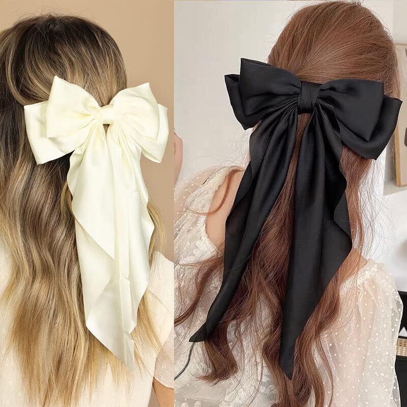 ZEPOLI Big Satin Layered Hair Bows for Women Girls 11 Inch Barrette Hair Clip Long Black Ribbon Bows French Style Hair Accessories (White,Yellow) - Image 4