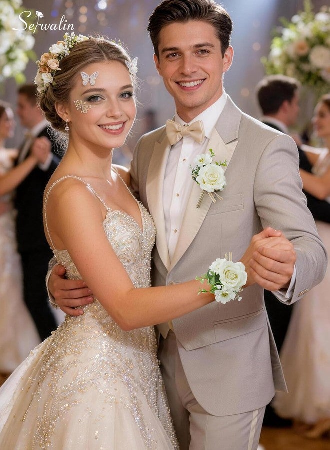 Serwalin Ivory Corsage and Boutonniere Set, Prom Flower Wrist Corsage, Roses Corsage Wristlet and Men’s Boutonniere for Wedding Flowers Accessories Prom Homecoming Suit Decorations - Image 2