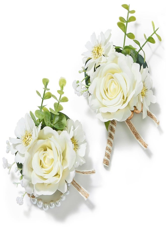 Serwalin Ivory Corsage and Boutonniere Set, Prom Flower Wrist Corsage, Roses Corsage Wristlet and Men’s Boutonniere for Wedding Flowers Accessories Prom Homecoming Suit Decorations - Image 1