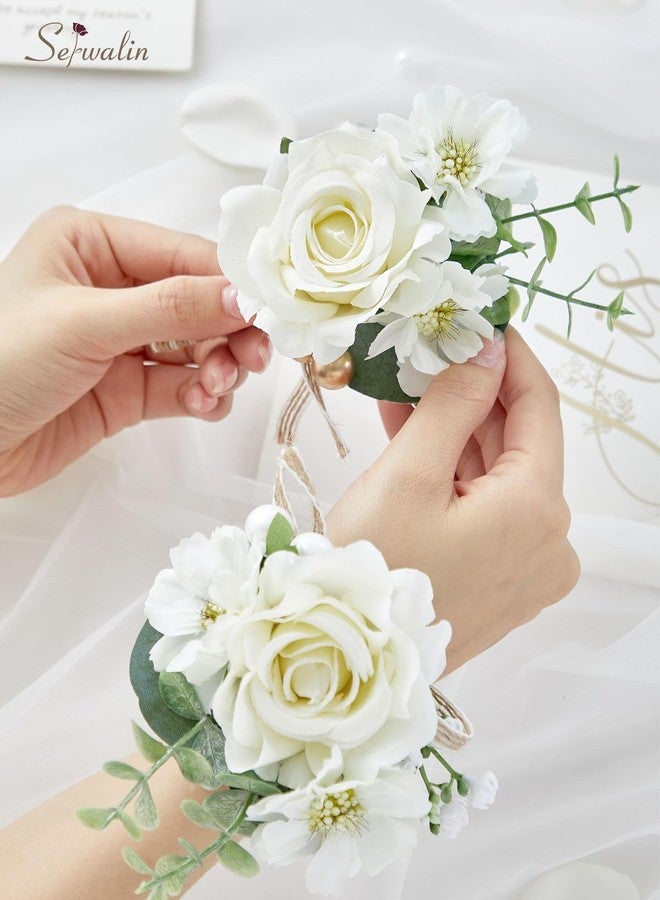 Serwalin Ivory Corsage and Boutonniere Set, Prom Flower Wrist Corsage, Roses Corsage Wristlet and Men’s Boutonniere for Wedding Flowers Accessories Prom Homecoming Suit Decorations - Image 5