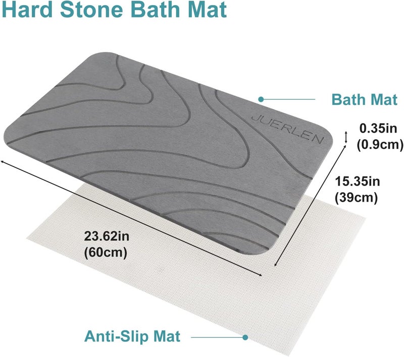 JUERLEN 2 Pack Diatomaceous Earth Shower Mat, Stone Bath Mat, Nonslip Super Absorbent Fast-Drying Hard Bath Mat for Bathroom Shower Floor, 24 x 16 inch, Grey Wave Design - Image 2