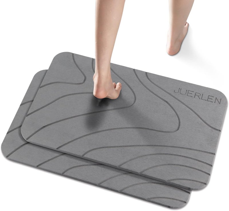 JUERLEN 2 Pack Diatomaceous Earth Shower Mat, Stone Bath Mat, Nonslip Super Absorbent Fast-Drying Hard Bath Mat for Bathroom Shower Floor, 24 x 16 inch, Grey Wave Design - Image 1